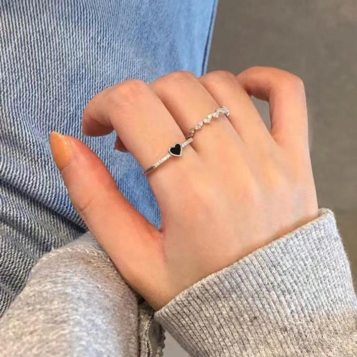 2Pcs/set Korean Ins Black Love Rings Simple Fashion Trend Girl Heart-shaped Index Finger Rings Personality Versatile Jewelry Gift