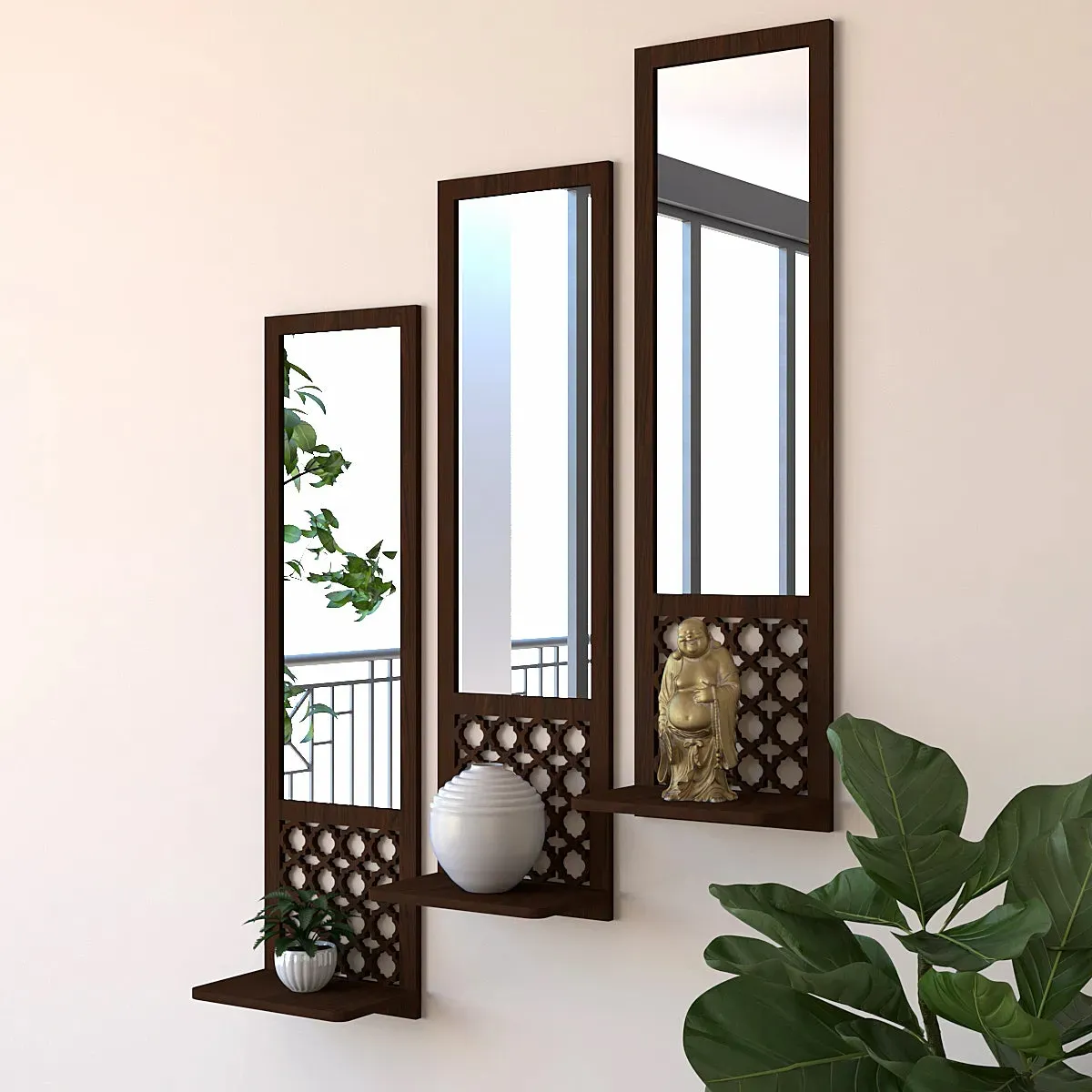 Mirror Shelf Wooden Pot Holder Home Office