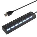 Portable 7 Ports Usb Hub Adapter 2.0 Power And Data Transfer Splitter With Switch Led Light Cable Extension For Pc Laptop Computer Mobile Charger. 