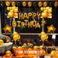 Happy Birthday Golden and Black Complete Theme Set For Birthday Decoration and Celebration for Boys and Girls,  13 Pcs Birthday Foil Banner with 2 foil balloons stars & 40 plus latex Balloons, Birthday Accessories/ Gifts & Greetings. 