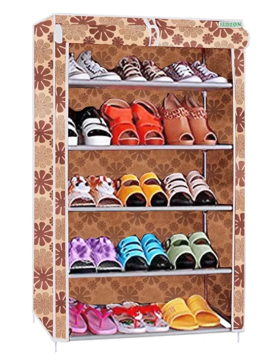Multipurpose 5 Shelves Shoe Rack with Zip Door Cover & Side Pockets ...