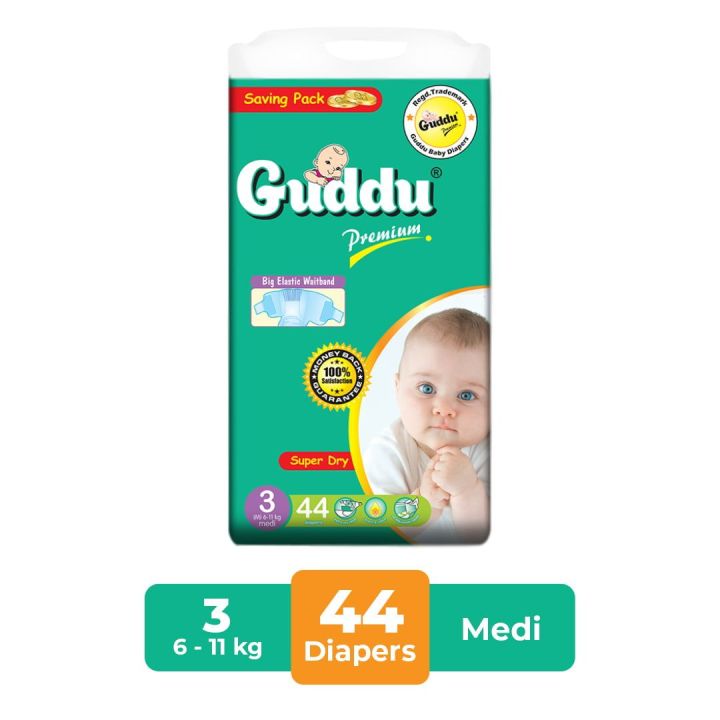 Guddu Premium Disposable Diapers Super Dry With Magic Tape Medium size 44 Pieces Saving pack