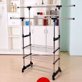 Multipurpose & Adjustable Stainless Steel Double Pole Cloth Hanger with 3 shelves for Floor Type Clothes Hanging & Drying purpose for Laundry & Bedroom | Stainless Steel | Single Pole or Double Pole. 