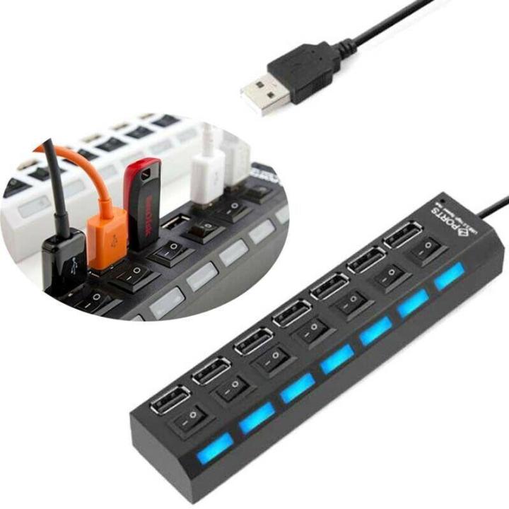 Portable 7 Ports Usb Hub Adapter 2.0 Power And Data Transfer Splitter With Switch Led Light Cable Extension For Pc Laptop Computer Mobile Charger