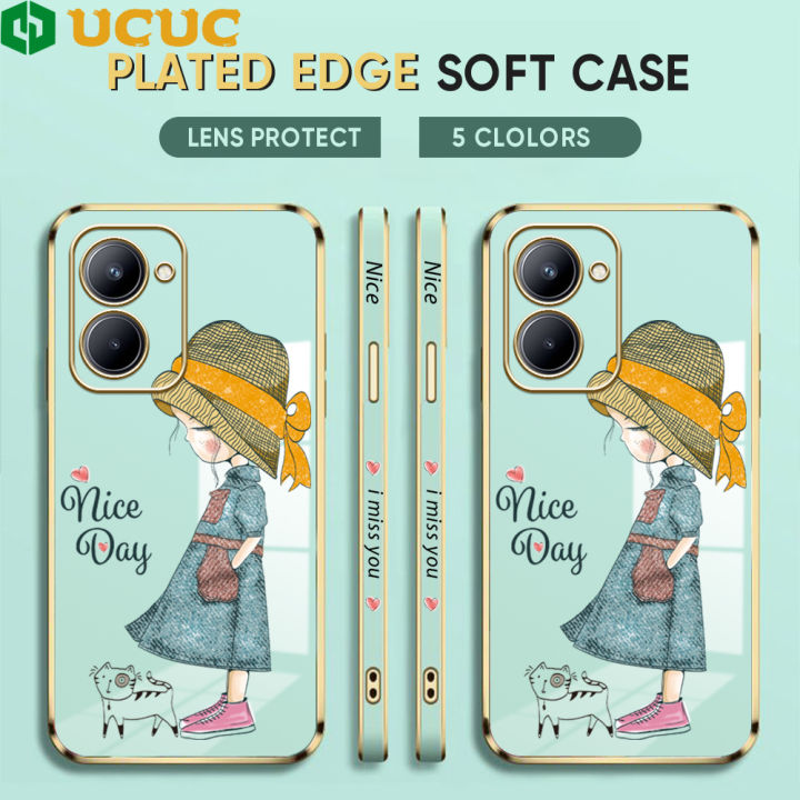 UCUC for Realme C33 Back Cover + Free Lanyard Missing Girls Luxury 6D Plating Case Side Pattern Soft Silicone Square Phone Cases