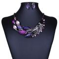 Elegant Purple Peacock Enamel Necklace Stud Earrings Set. 