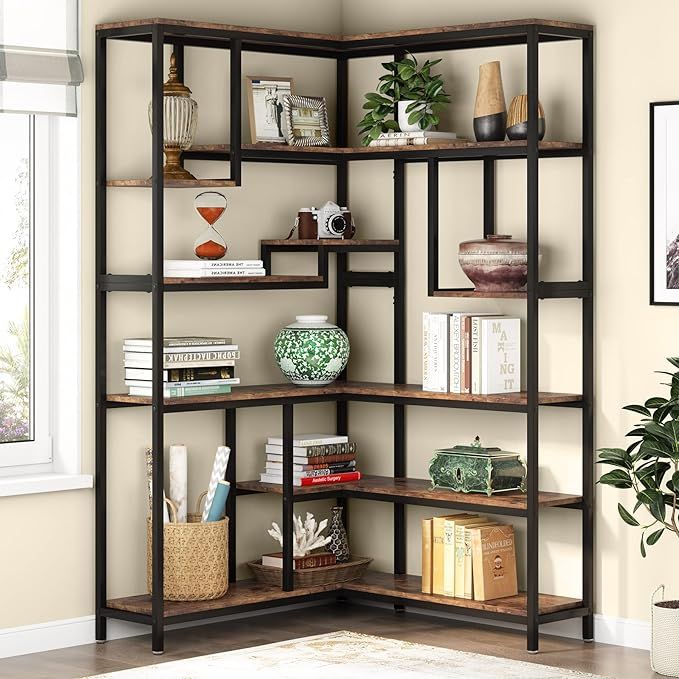 Vintage-Inspired 6-Shelf Corner Bookshelf | Large Modern Corner Bookcase | Living Room Furniture
