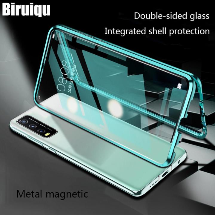 Biruiqu For VIVO Y12A Y20 Y20s Y12s Y20S G Magnetic Absorption Case Metal Frame Shockproof Double Sided Tempered Glass Magnetic Case Cover