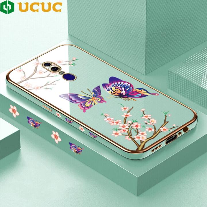 UCUC for OPPO F11 Back Cover + Free Lanyard Butterflies Fly Luxury 6D Plating Case Side Pattern Soft Silicone Square Mobile Phone Cases