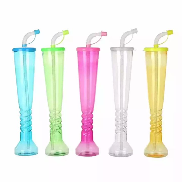 Slim Juice Bottle Random Color - 350ml Plastic Slim Bottle With Straw, Long Drinking Sipper, Twisted Tall Cups