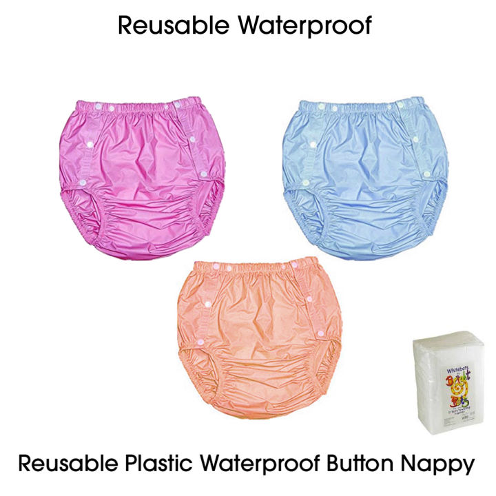 Pack of 3 Pcs Set - Reusable Waterproof Plastic Button Nappy Diaper For Kids Baby Boy Girls and NewBorn - Washable Adjustable Button Diapers Nappies For Babies New Born - Inner Fabric Plastic - 0 Month to 12 Month