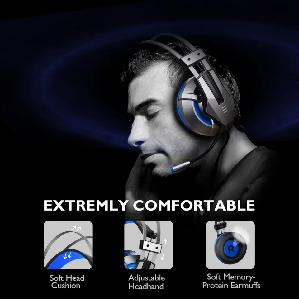 EKSA E800 Gaming Headphone Over The Ear Custom Built 40mm Driver 360 Omnidirectional Mic With Blue LED Light Blue Daraz.pk