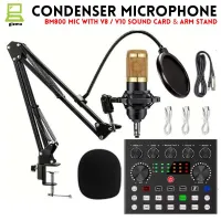 Wireless Mic BM800 Full Kit - Condenser Wireless Microphone BM800 Only Mic / Arm Scissor Stand / V8 & V10 Sound Card - Black / Golden