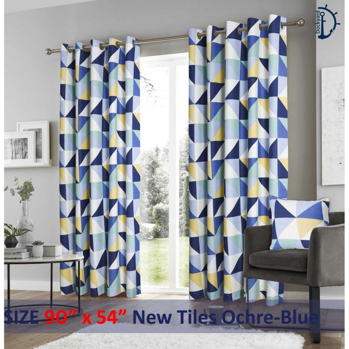 Curtain Set, Printed curtains for room  New Tiles Yellow-Navy Blue  Pack of 2 Curtains