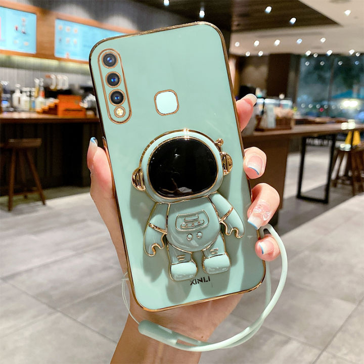 Maitus for Vivo Y19 Back Cover with Lanyard + Astronaut Folding Stand Bracket Fashion 6D Plating Square Frame Cases Soft Silicone Mobile Phone Case for Boys Girls