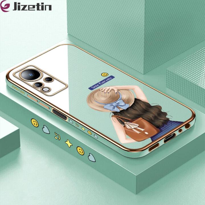 Jizetin (Free Lanyard) for Infinix Note 11 / Note 12 G88 Back Cover Girl In Hat Luxury 6D Plating Case Side Pattern Soft Silicone Square Mobile Phone Cases