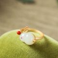 BLACK ANGEL Jade Rabbit Jewelry Set Khotan Jade Ring Ancient Gold Inlaid Chalcedony Necklace Stud Earrings Cute Bunny Pendant. 