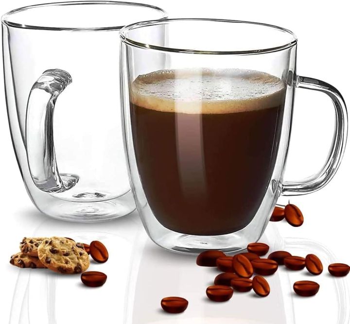 Techmanistan Double Wall Glass Mug, Elegant Double Wall Transparent Glass Coffee Tea Mug with Sturdy Handle, Clear Insulated Glass Espresso Cup, Insulated Layer Coffee Cup