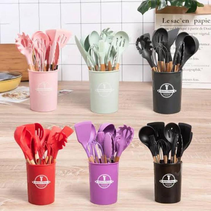 12 Pcs Silicone Cooking Utensils Kitchen Utensil Set - Heat Resistant Non-Toxic BPA Free Spatula Set with Turner Tongs,Spoon,Brush,Whisk-Wooden Handles Kitchen Gadgets Tools Set for Nonstick Cookware