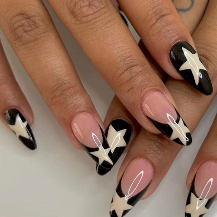 24pcs/Box Fake French Y2k Nails Press On Long Stiletto Almond Shape Wearable False Nails With Stars Designs Full Cover Nail Tips MJ