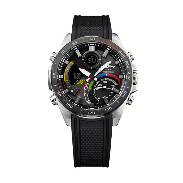 Casio Edifice Mens Silver Stainless Steel Case Round Analog+Digital Solar Power Tachymeter Bluetooth World Time Stop Watch Calender 5 Daily Alarm LED Light Multi-Functions Black Resin Strap Watch-ECB-900MP-1ADF