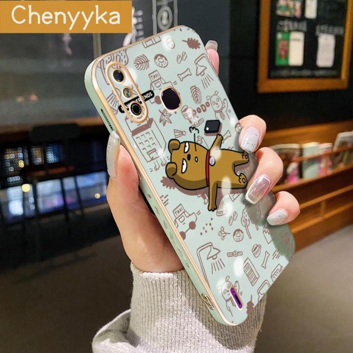 chenyyka For Infinix Smart 4 Smart 4C X653 Case Cartoon Cute Spoof Bear Plating Side Edge Square Phone Cases Pattern Casing Full Lens Back Cover Camera Protect Shockproof Softcase