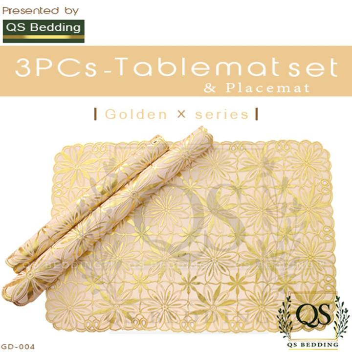 Table Mat 3pc Set  & Placemat for side Dressing Table | Golden | 16"x 34"| QS Bedding
