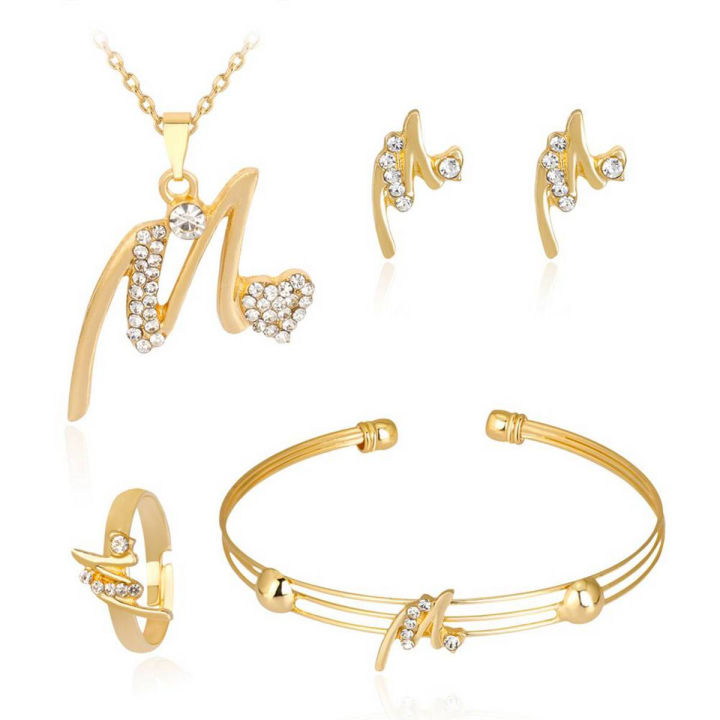 KC Gold Plated Rhinestone Heart M Letter Pendant Necklace Ring Bangle Earrings