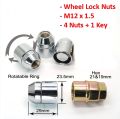 Universal Wheel Nut Lug - Anti Theft Security Lock (M12 x 1.5) (Wheel Nut Lock - 4 Alloy Steel Nuts + 1 Key). 