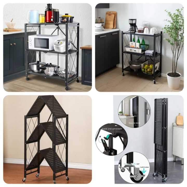 Metal 3 Layer Foldable Kitchen Trolley,kitchen organiser / foldable trolley for kitchen or rooms
