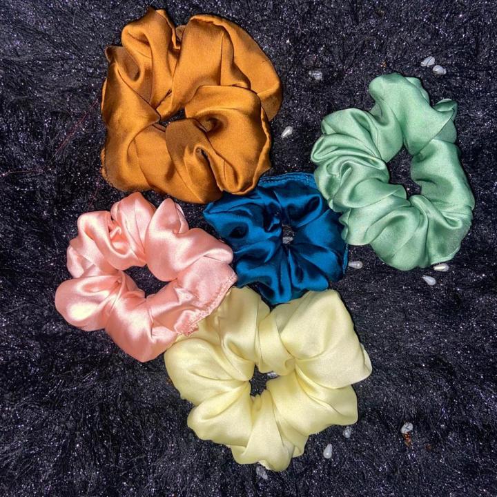 Pack of 5 Strong Elastic multi colour Soft Ponytail Scrunchie Hair band & hand wear for girls hair Silk multicolour