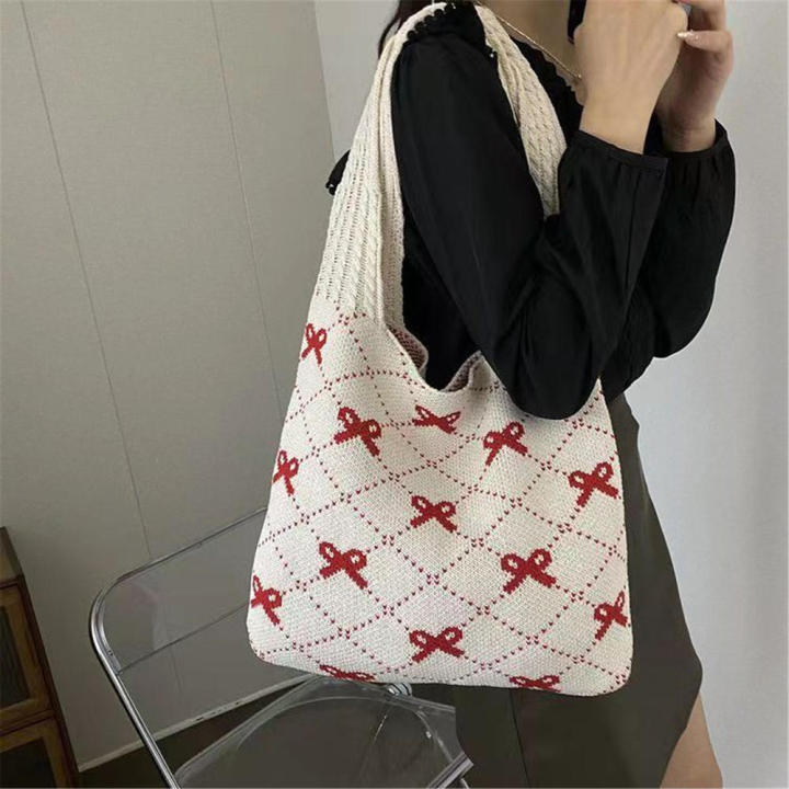 Polyester Crochet Tote Bag Soft Texture Knitted Handbag Bow Pattern Bag for Daily Use Market Shopping Beach Accessory Women's Fashion Casual Outing