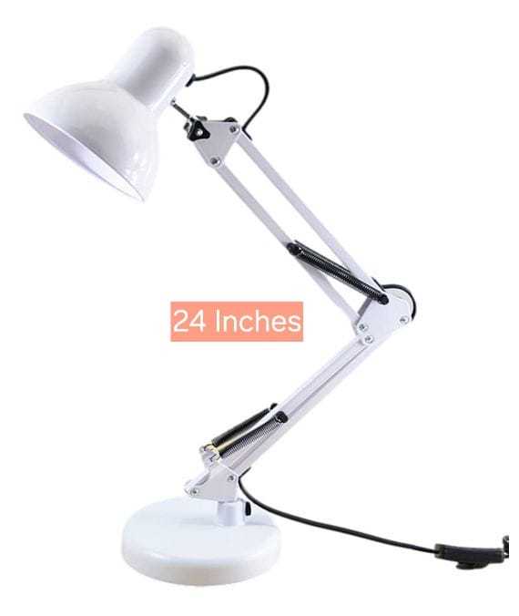 White Colour Adjustable Aesthetic Study Table Desk Lamp  2ft Flexible Metal Swing Arm 360 rotation E27 eye protection Decoration Simple Modern Ornaments Creative Bedroom Bedside Study Office Bedroom Reading Lamp with Heave Base