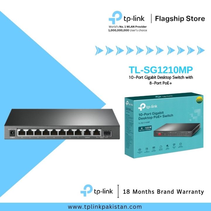 TP-Link Network PoE Gigabit Desktop Switch TL-SG1210MP 10-Port Gigabit Desktop Switch with 8-Port PoE 10/100/1000 Mbps - 18 Months Brand Warranty