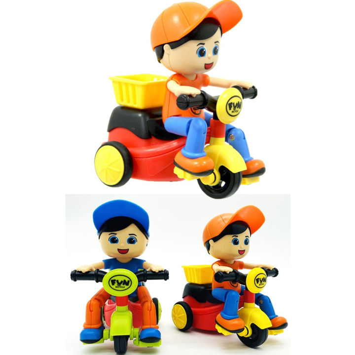 Mini Cartoon Inertia Tricycle Delivery Boy Model Toy Car Slide Swing Bicycle Children Birthday Gifts Funny Game Kids