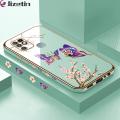 Jizetin (Free Lanyard) for Infinix Hot 10 Back Cover Peach Blossom and Butterfly Luxury 6D Plating Case Side Pattern Soft Silicone Square Mobile Phone Cases. 