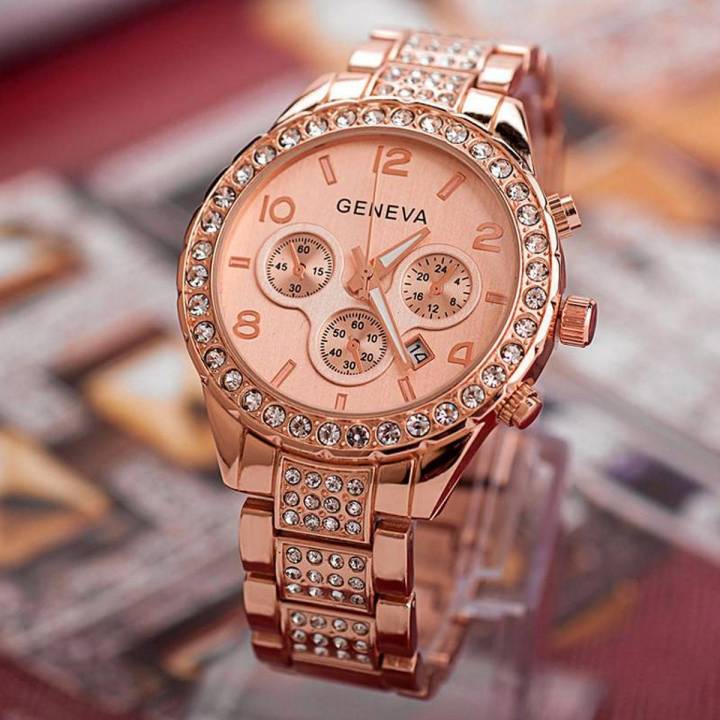 Rose Gold Watch Geneva Ladies Quartz Watch Womens Geneva Watches