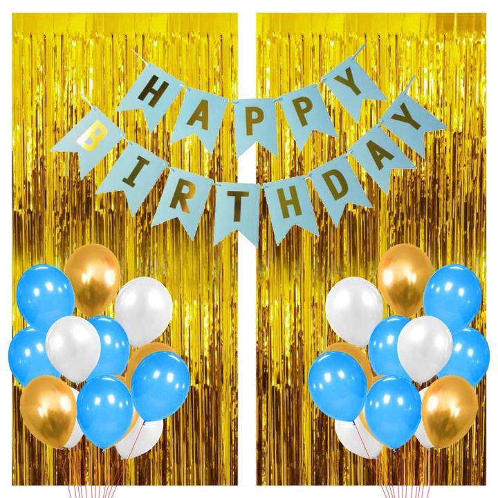 Beautiful theme of Happy Birthday Cards Banner with combo of '30' PCs balloons '1'Golden Fringe Curtain for background decoration (6x3 feet)Birthday Decorations For boys and Girls