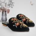 Embroidery Flat Pumps for Women – Multicolor Handwork, Black Velvet. 