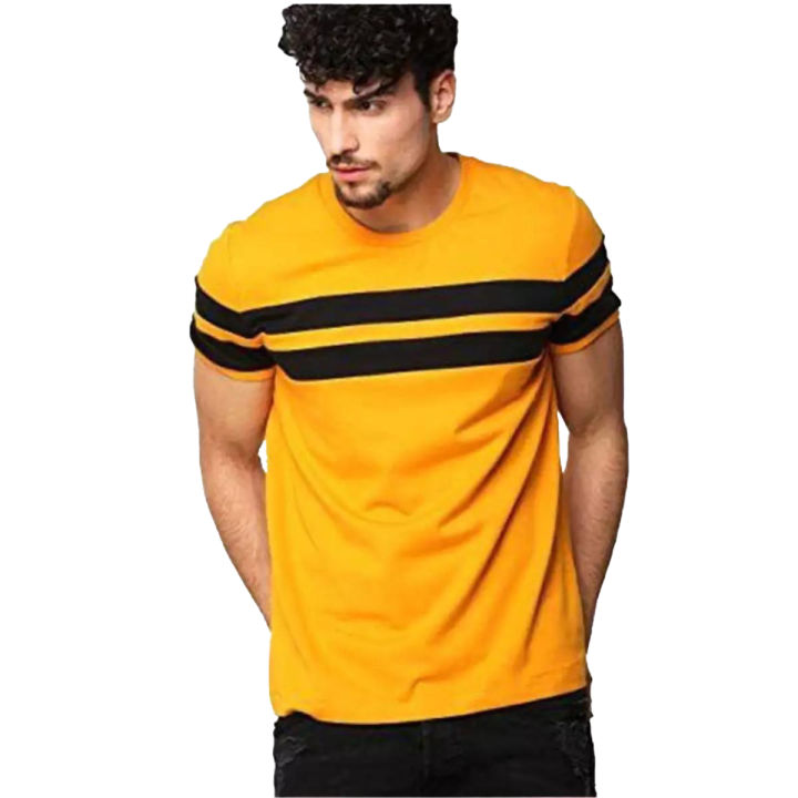 Stylish T Shirt In Yellow Half Sleeve Round Neck Black Strap Printed Export Quality Shirt for Men Daraz.pk