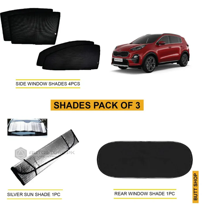 KIA SPORTAGE COMPLETE SHADES FOR CAR PACK OF 3 ,SIDES WINDOW SHADES 4PCS ,REAR WINDOW SHADE 1PC, WINDSCREEN SILVER SUN SHADE 1PC