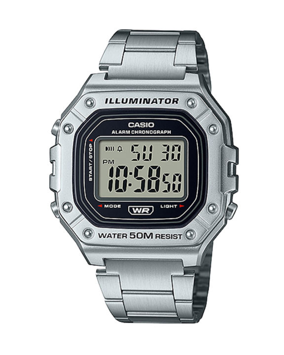 Casio General Illuminator Mens Silver Resin Digital Quartz Black Dial Silver Stainless Steel Band Watch-W-218HD-1AVDF
