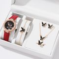 Leather Strap Butterfly Watch Set - 6 Piece Luxury Women's Quartz Watch, Ring, Necklace, Earring, and Bracelet Set Luxury Women Simple Wrist Watches for Women & Girls. 