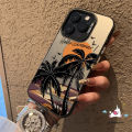 Dongzhu Summer Dusk Sunset Coconut Trees Luxury Plating Metal Phone Case Compatible for IPhone 11 15 14 13 12 Pro Ma XR X XS Max 15 14 Plus Shockproof Soft Silicone Cover. 