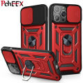 iPhone 13 Pro Max Phone Case, Military-Grade Push Window Cover Ring Stand Hard Anti-Fall Casing. 