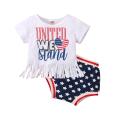 2 Pcs Independence Day Pants Set, Baby Girls Letter & Heart Print Short Sleeve Tassel T-shirt + Star & Stripe Print Shorts. 