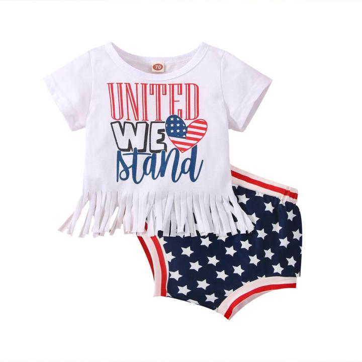 2 Pcs Independence Day Pants Set, Baby Girls Letter & Heart Print Short Sleeve Tassel T-shirt + Star & Stripe Print Shorts