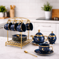 Luxury Tea Set – 6 Cups, Teapot, Milk Jar, Sugar Pot, and Spoons with Decorative Gold Rack. 