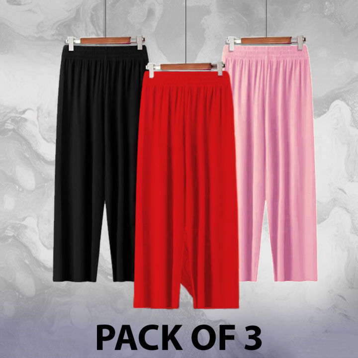 Luxury Pack of 3 Palazzo Pajamas – Comfortable & Elegant Nightwear Trousers, Flowy Lounge Flippers for Women’s Relaxation & Home Wear