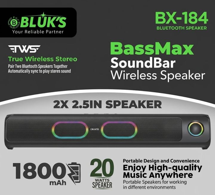 BLUK'S%20BX-184%20%7C%20Premium%20BassMax%20SoundBar%20Wireless%20Speaker%20%7C%20Sound%20Bar%20Mobile%20Speaker%20Wireless%20Connectivity%20Mobile%20Soundbar,%20Digital%20Clock%20With%20Alarm%20Speaker,%20RGB%20lights%20Speakers,%20AUX%20Input%20Sound%20bar%20%7C%201%20Year%20Warranty%20-%20Image%202